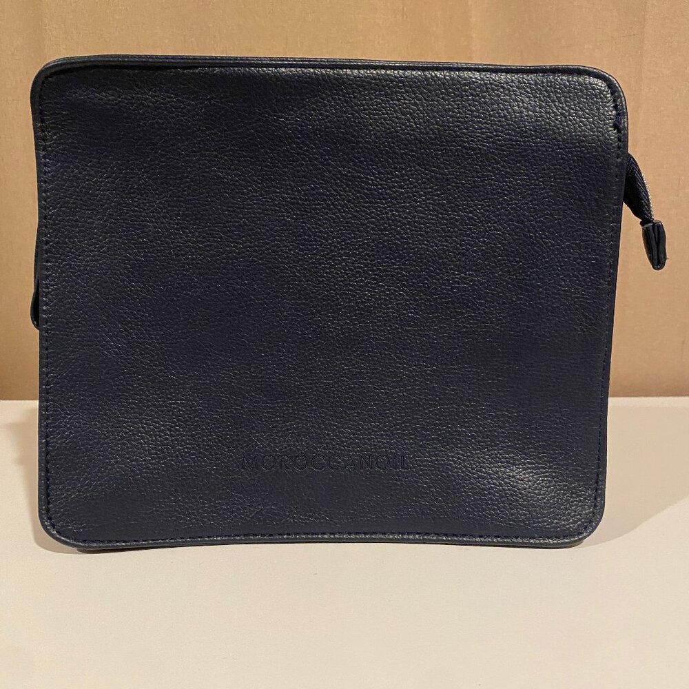 Moroccanoil Navy Blue Leather Clutch Bag Toiletry Case 9.5"x8"